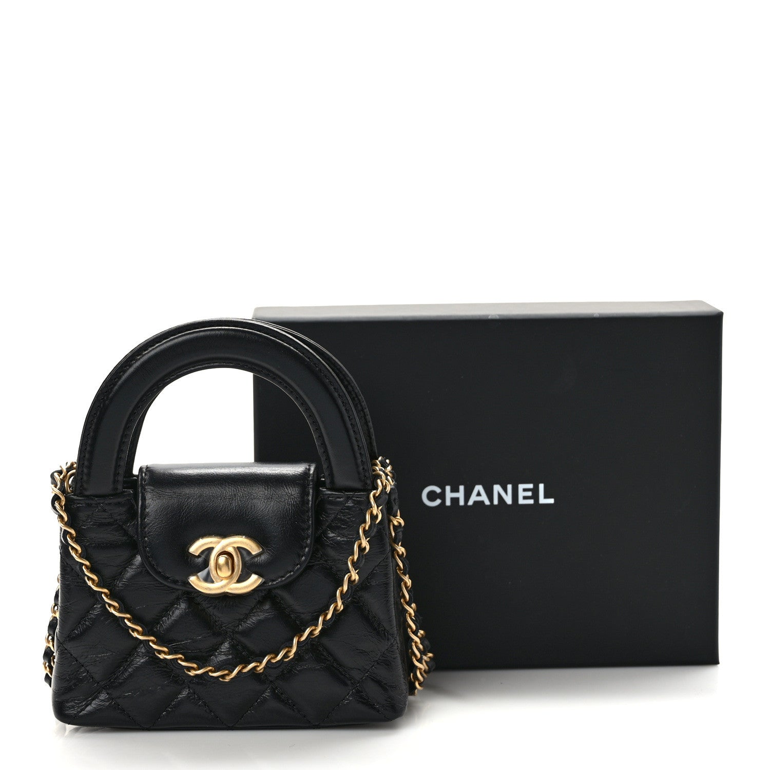 Chanel Shiny Aged Calfskin Quilted Mini Nano Kelly Shopper Black 12 of 12