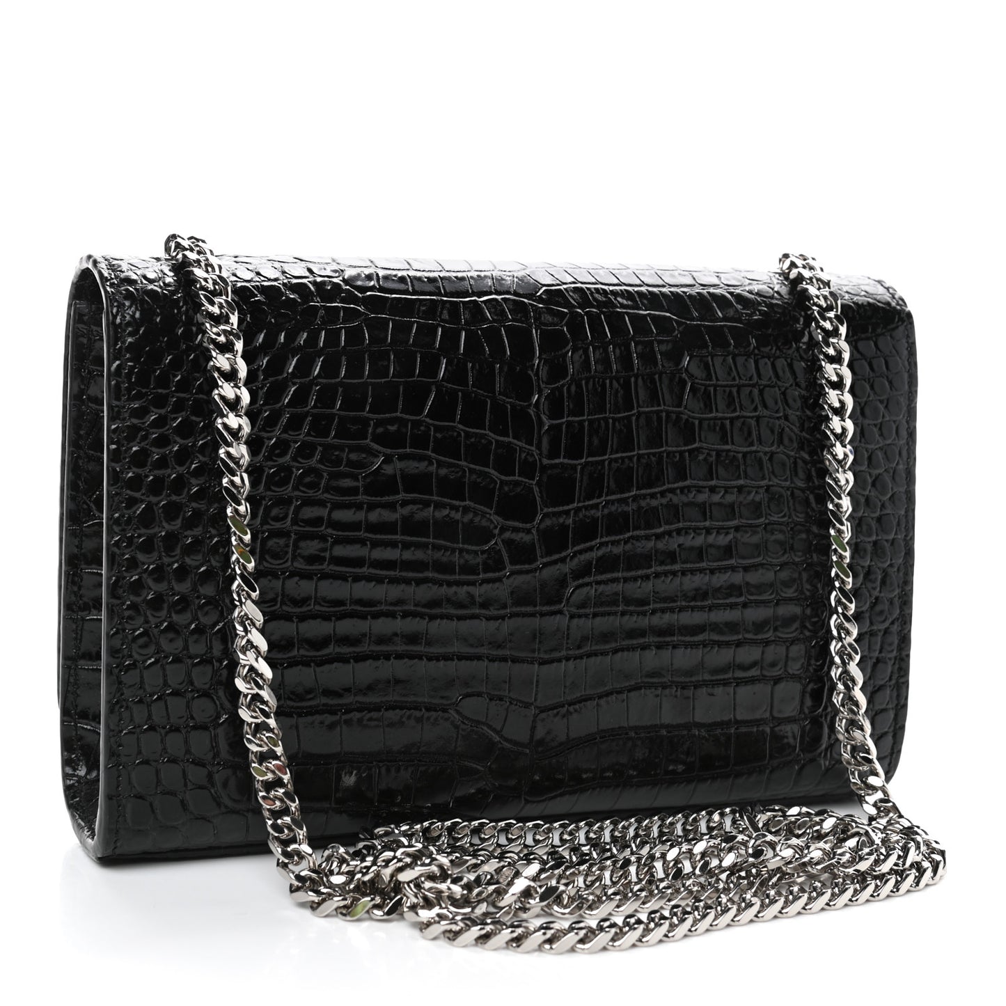 Calfskin Crocodile Embossed Small Classic Monogram Kate Tassel Satchel Black