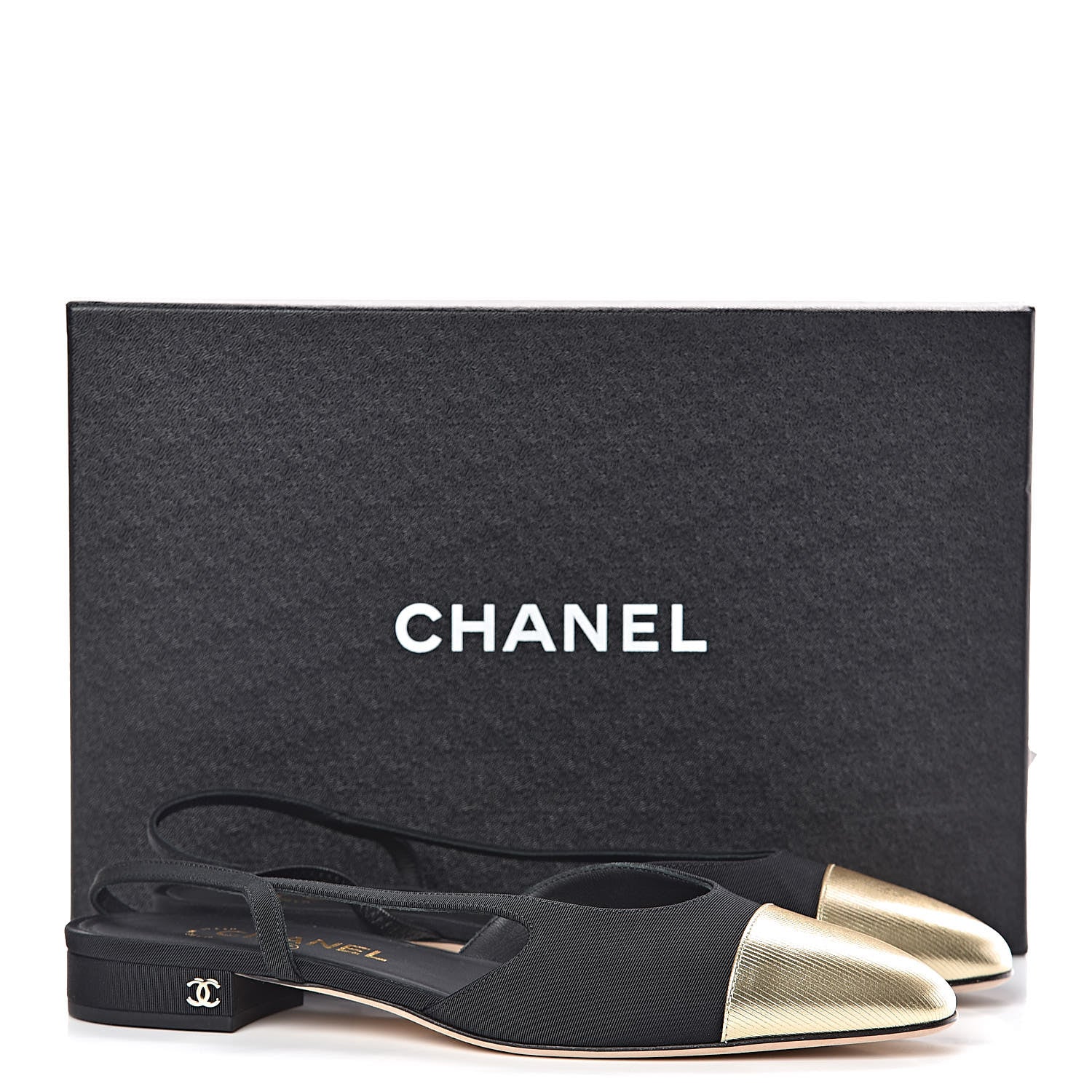 Chanel Grosgrain Cap Toe CC Slingback Pumps 39 Black Gold 10 of 10