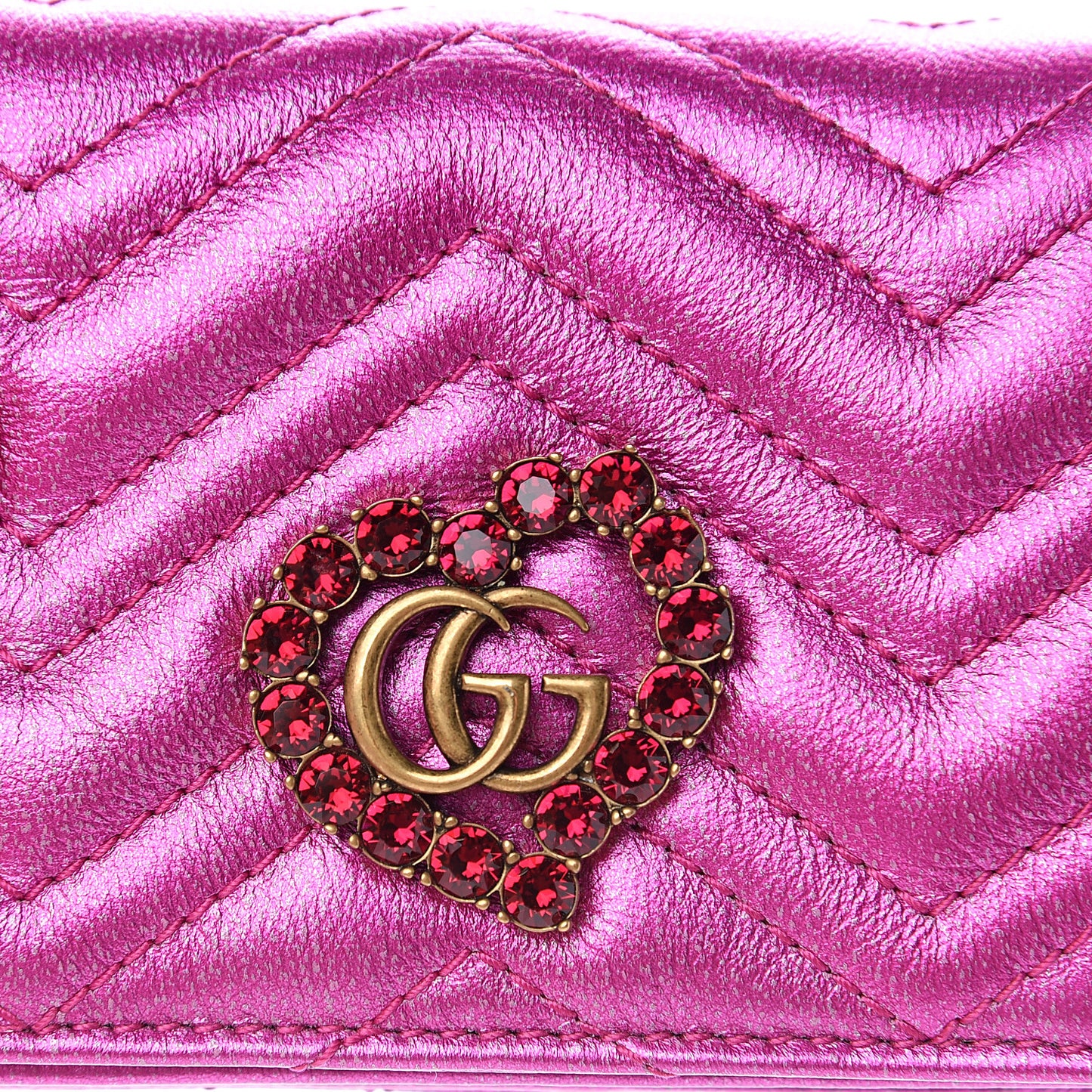 Metallic Calfskin Matelasse Crystal GG Marmont Wallet Fuchsia