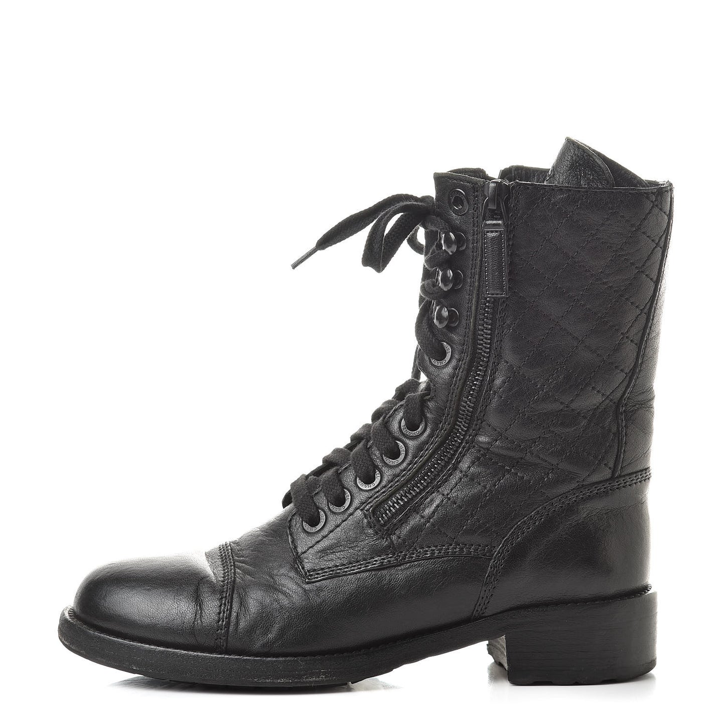 Calfskin Quilted Combat Boots 38.5 Black