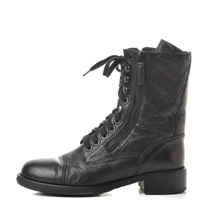 Chanel Calfskin Quilted Combat Boots 38.5 Black 1 of 13