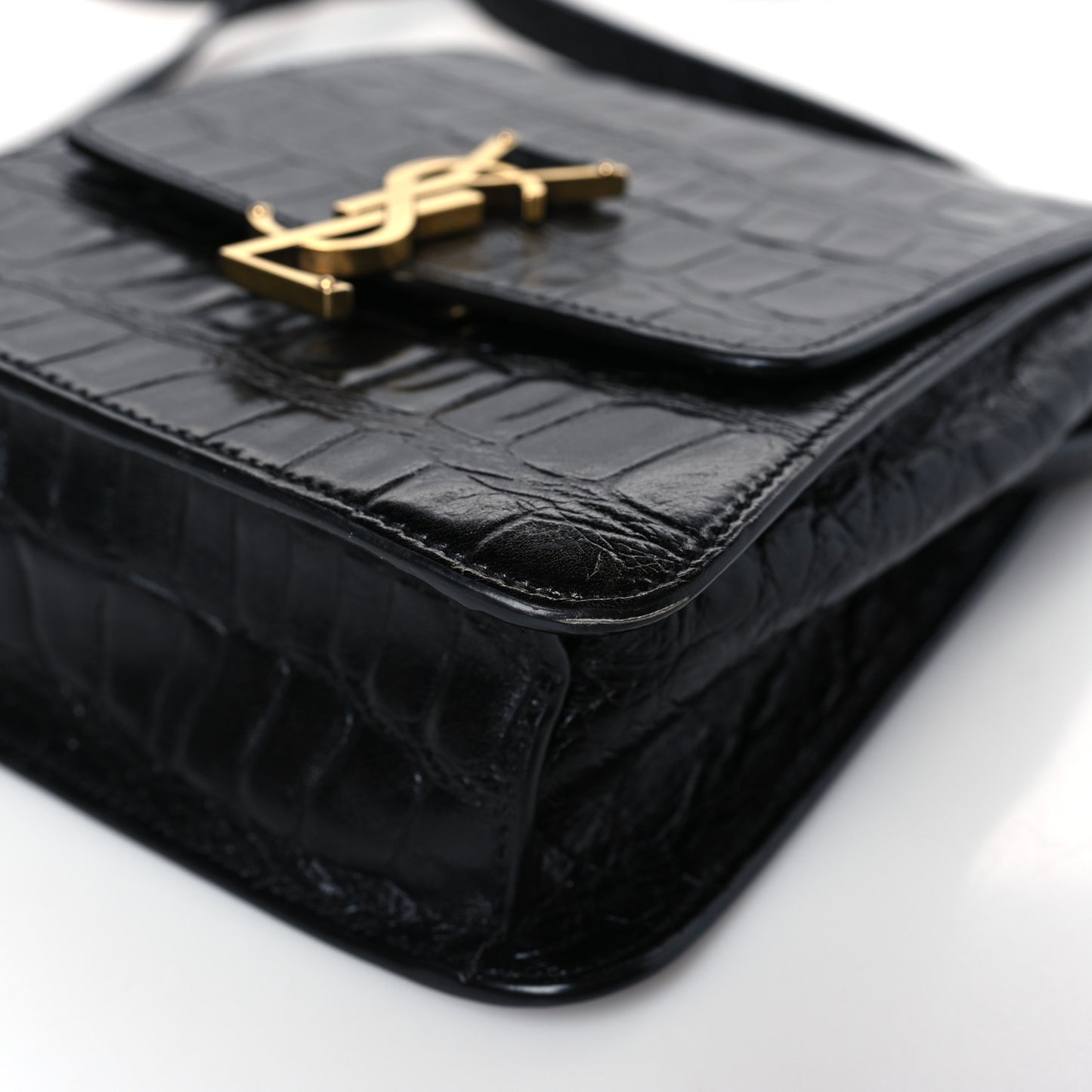 Calfskin Embossed Crocodile North South Kaia Satchel Black