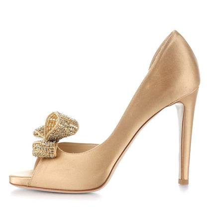 Valentino Garavani Satin Crystal Couture Bow Peep Toe d'Orsay High Heel Pumps 40 Beige 1 of 7