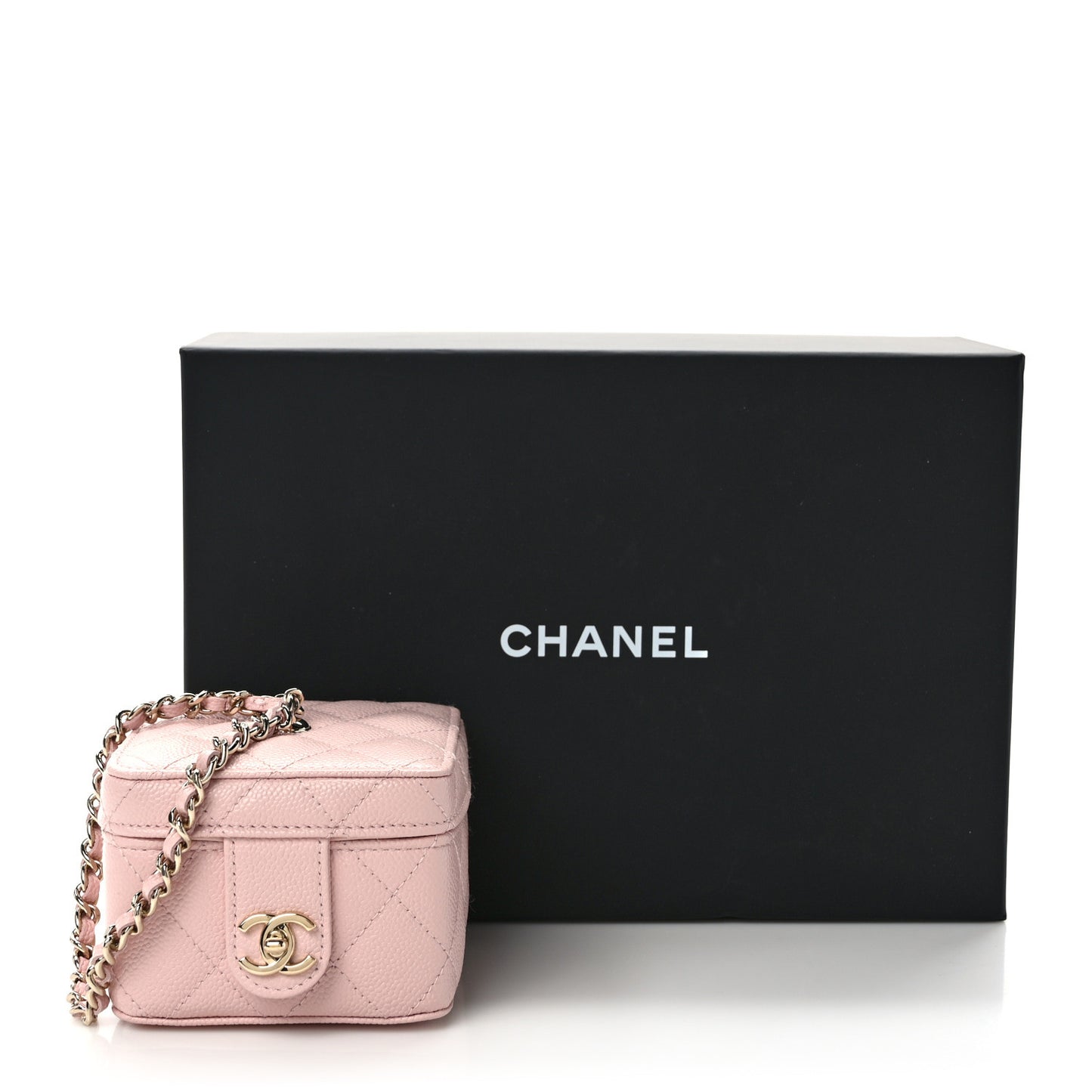 Caviar Quilted Mini Vanity Wrist Case With Chain Light Pink