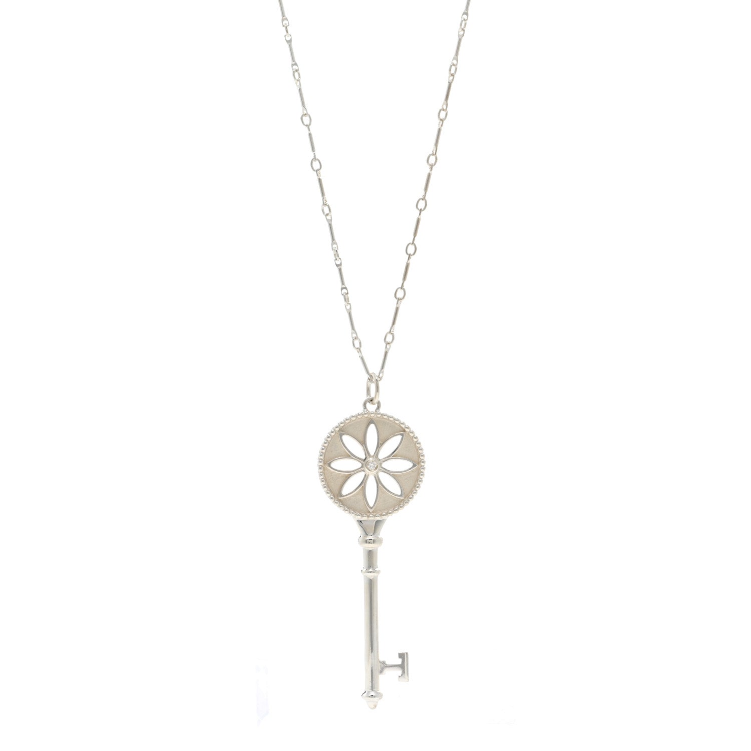 Tiffany Sterling Silver Diamond Large Daisy Key Pendant Necklace 1 of 4