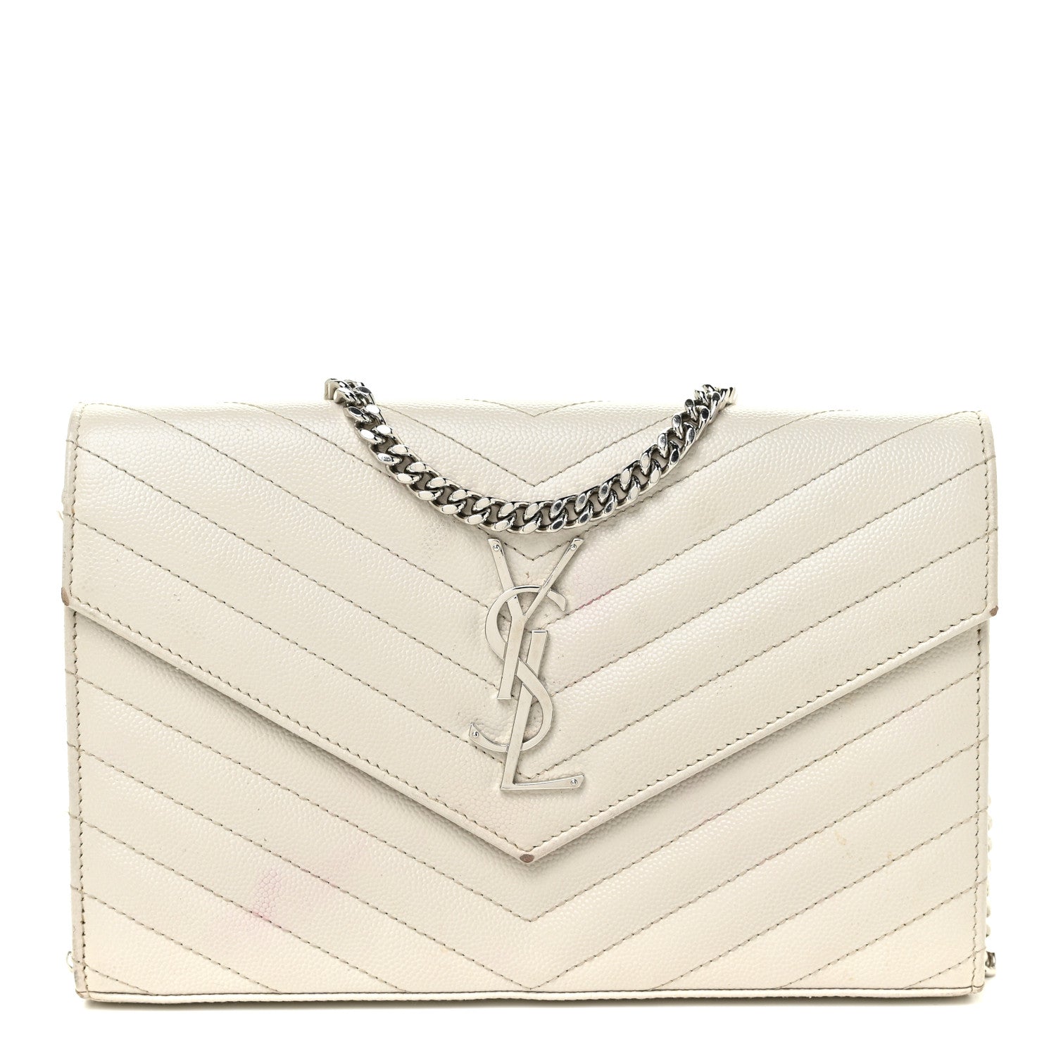 Saint Laurent Grain De Poudre Matelasse Chevron Monogram Chain Wallet Icy White 1 of 19