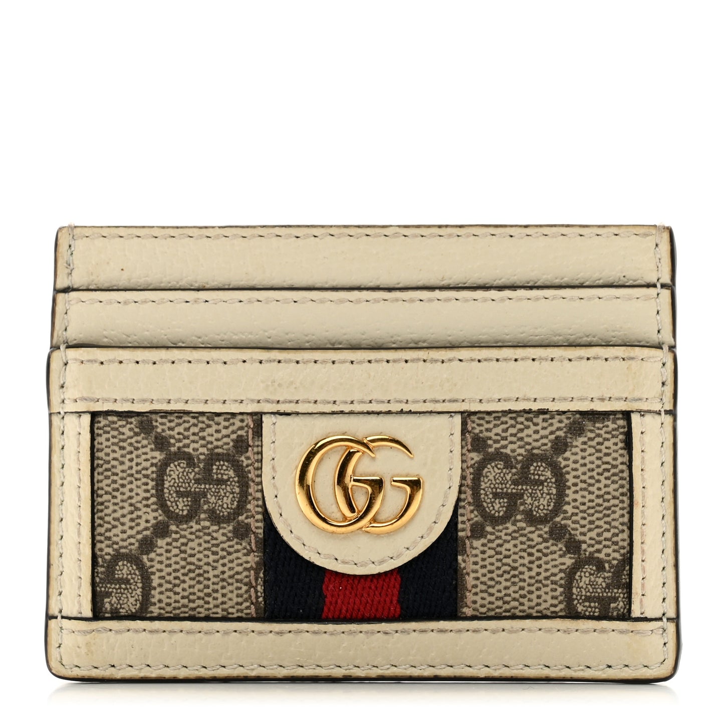 GG Supreme Monogram Textured Calfskin Web Ophidia Card Holder Beige Ebony Mystic White