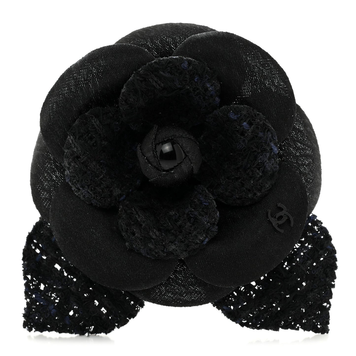 Tweed Fabric Camellia Pin Brooch Navy Blue Black