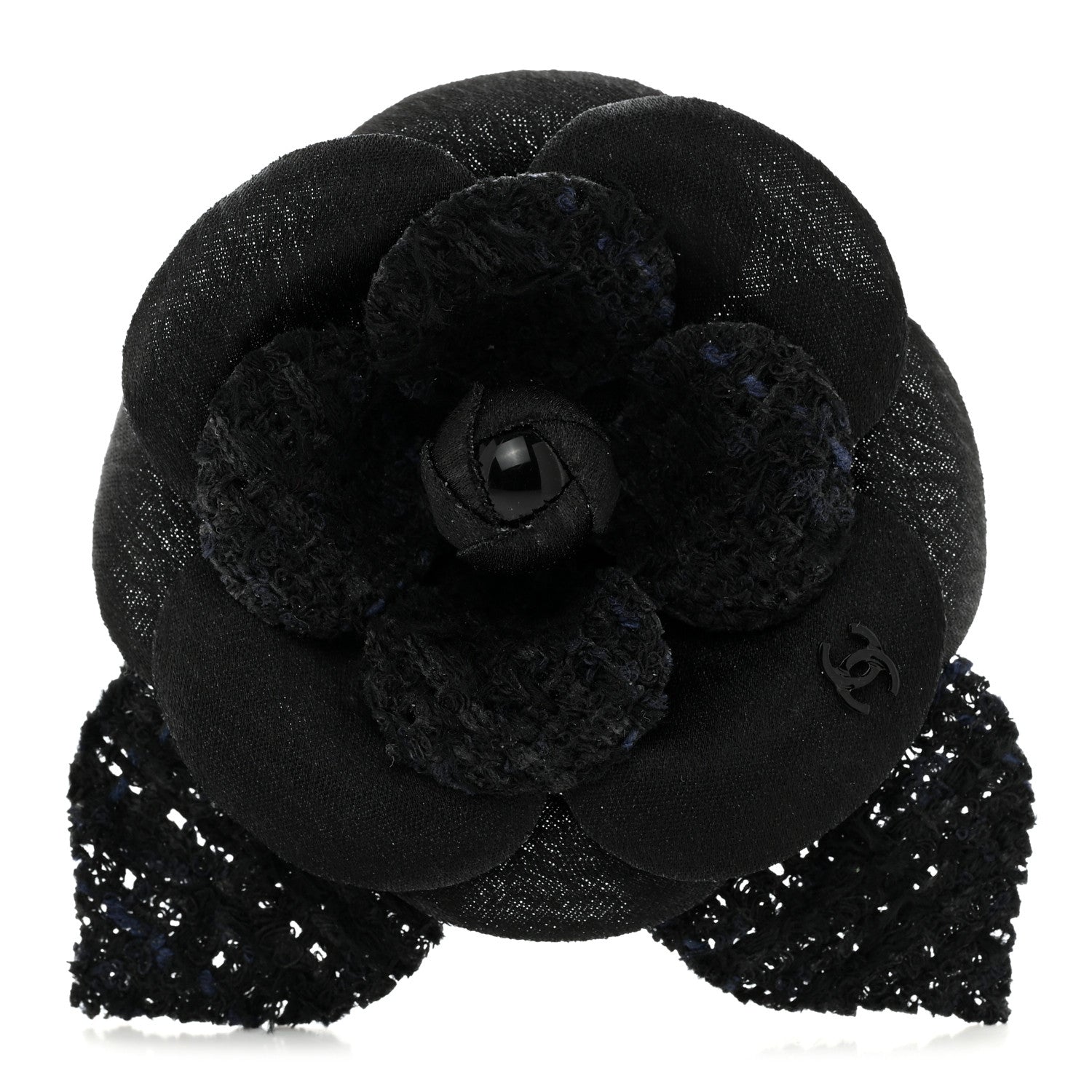Chanel Tweed Fabric Camellia Pin Brooch Navy Blue Black 1 of 3