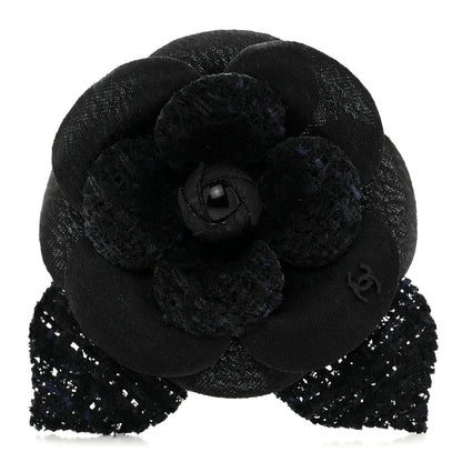 Chanel Tweed Fabric Camellia Pin Brooch Navy Blue Black 1 of 3