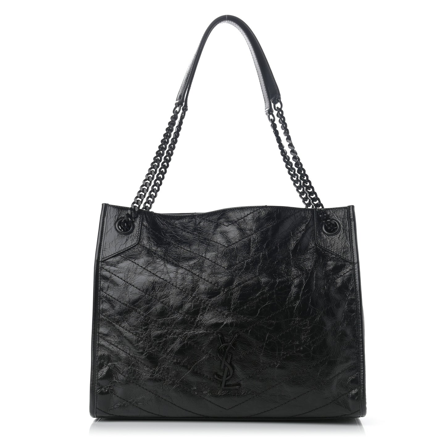 Crinkled Calfskin Matelasse Monogram Medium Niki Shopper Tote Black