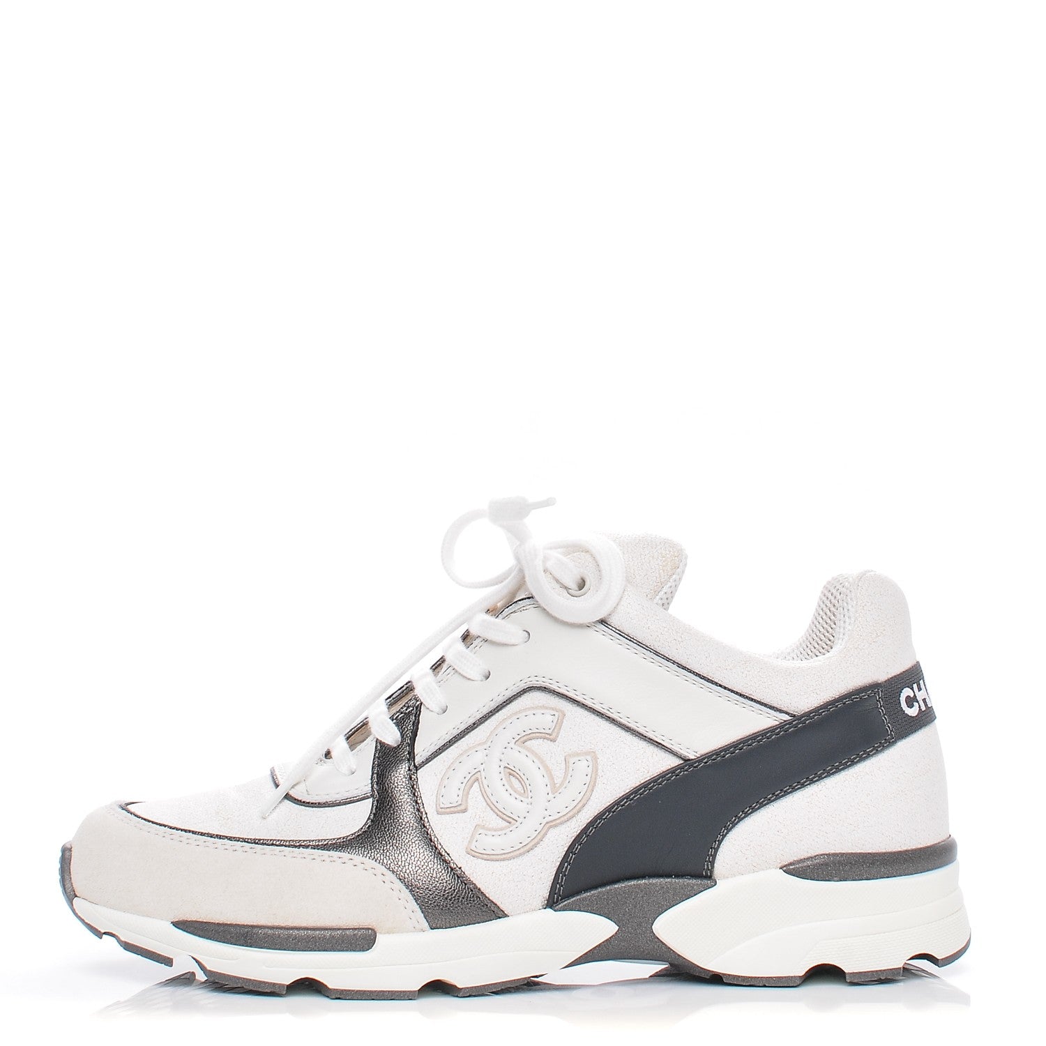 Chanel Suede Calfskin CC Sneakers 37 White Grey 1 of 10