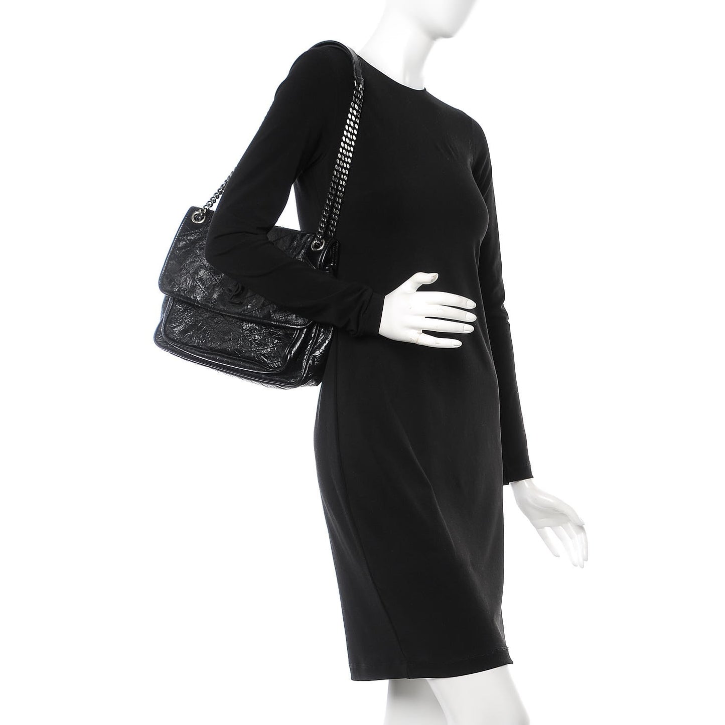 Crinkled Calfskin Matelasse Medium Niki Chain Satchel Black