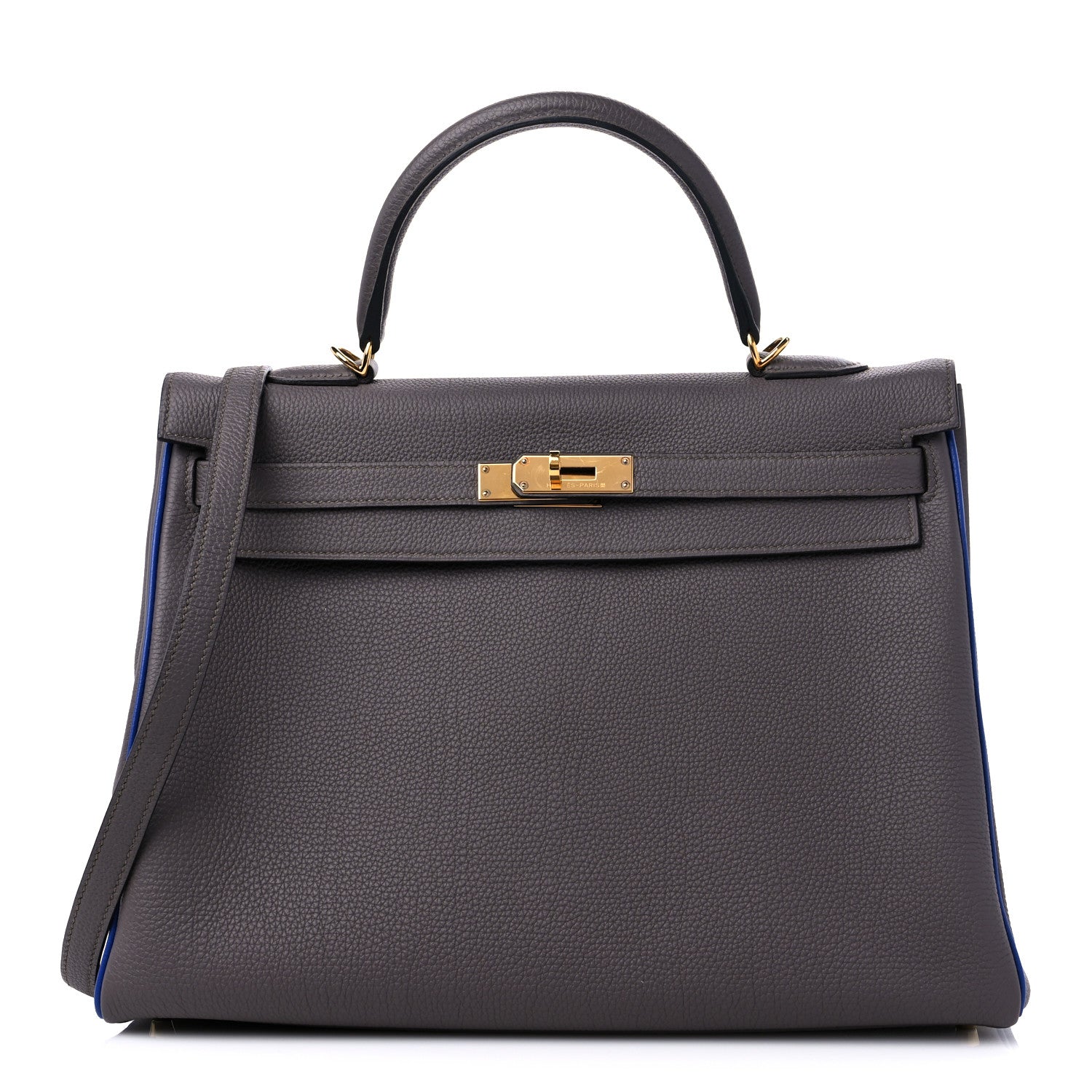Hermes Togo Horseshoe Kelly Retourne 35 Etain Bleu Electrique 1 of 10