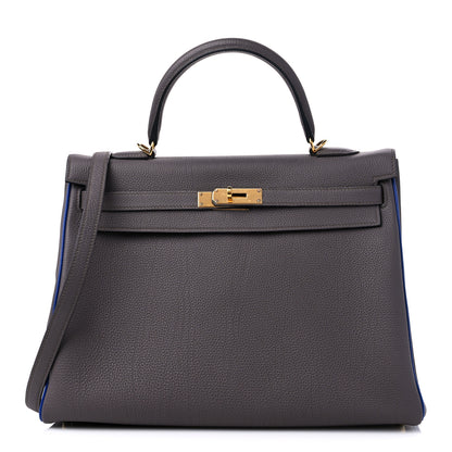 Hermes Togo Horseshoe Kelly Retourne 35 Etain Bleu Electrique 1 of 10