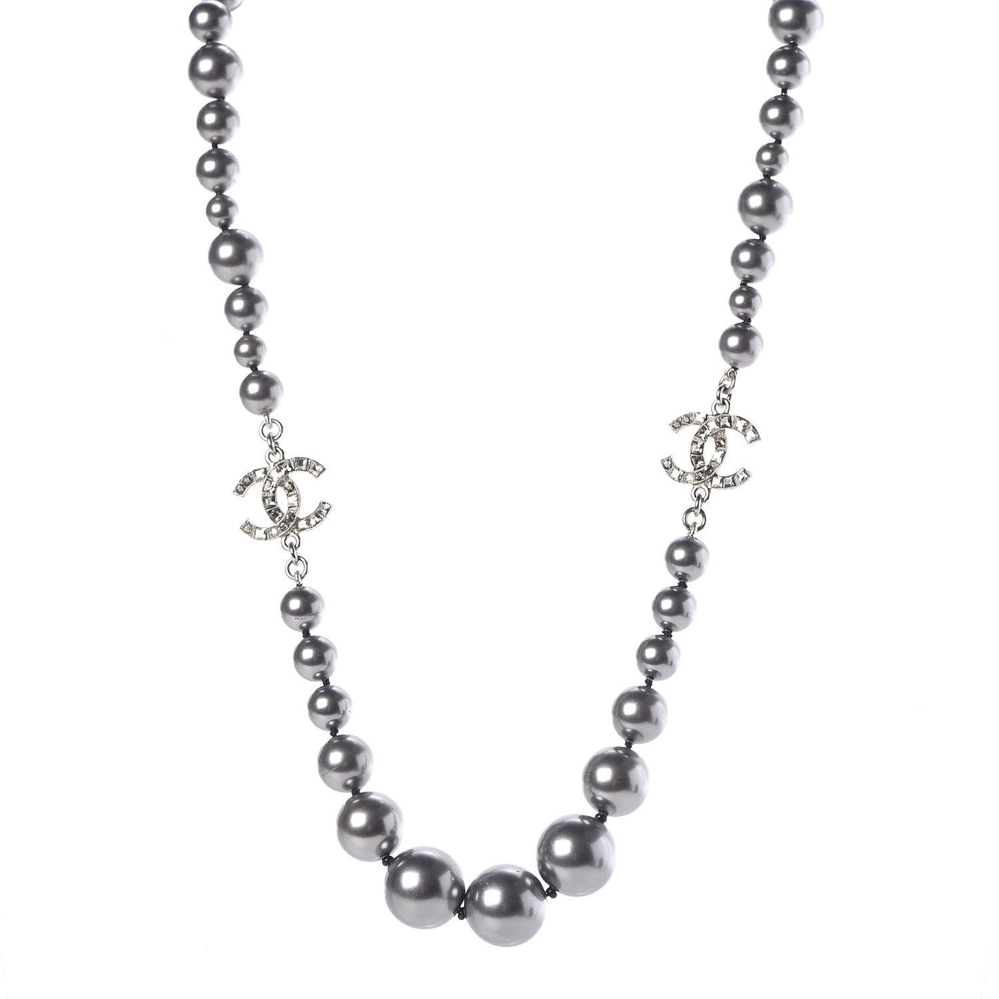 Crystal Baguette Graduated Pearl CC Short Necklace Silver Grey