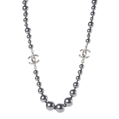 Chanel Crystal Baguette Graduated Pearl CC Short Necklace Silver Grey 1 of 5