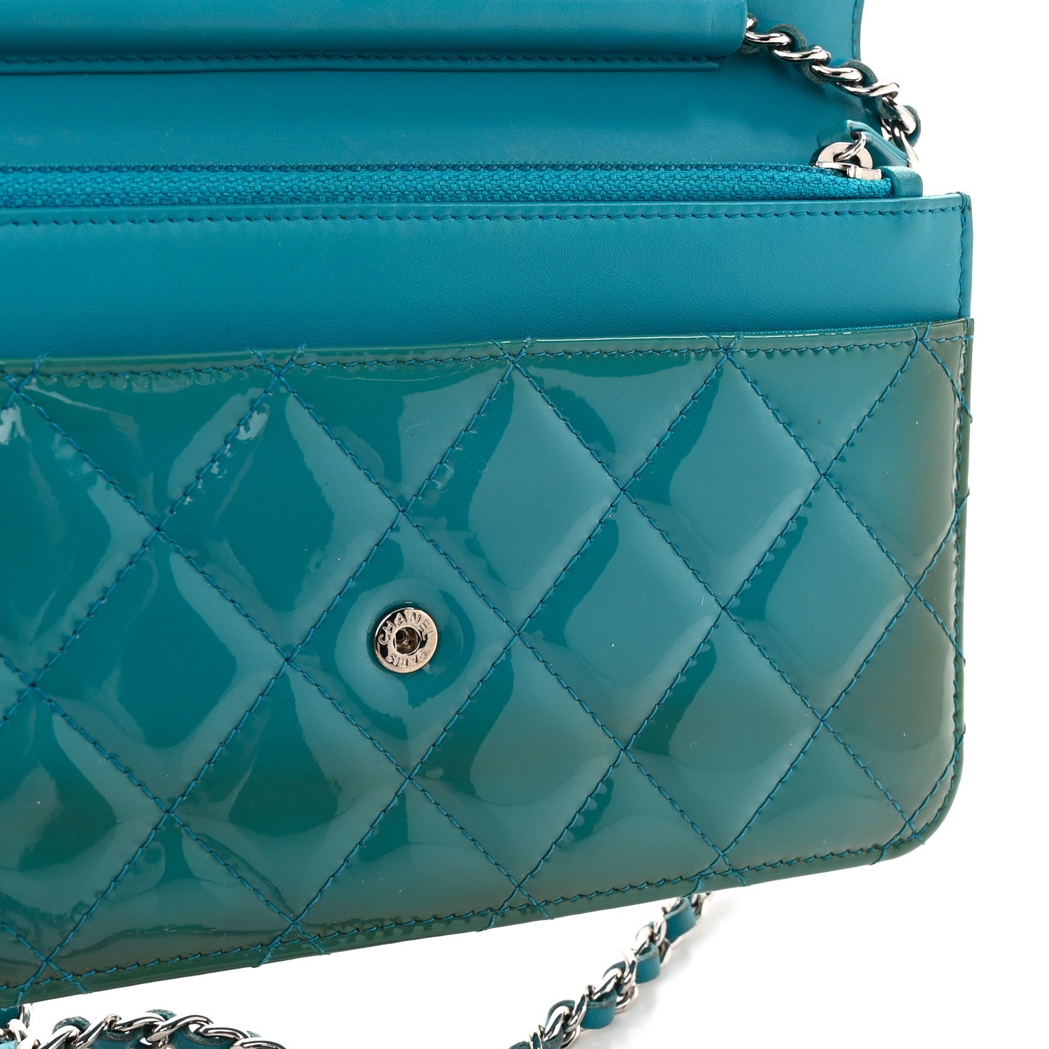 Chanel Patent Quilted Wallet On Chain WOC Turquoise Blue 12 of 13