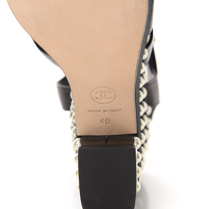 Chanel Calfskin Grosgrain Pearl Wedge Sandals 40 Black 9 of 10