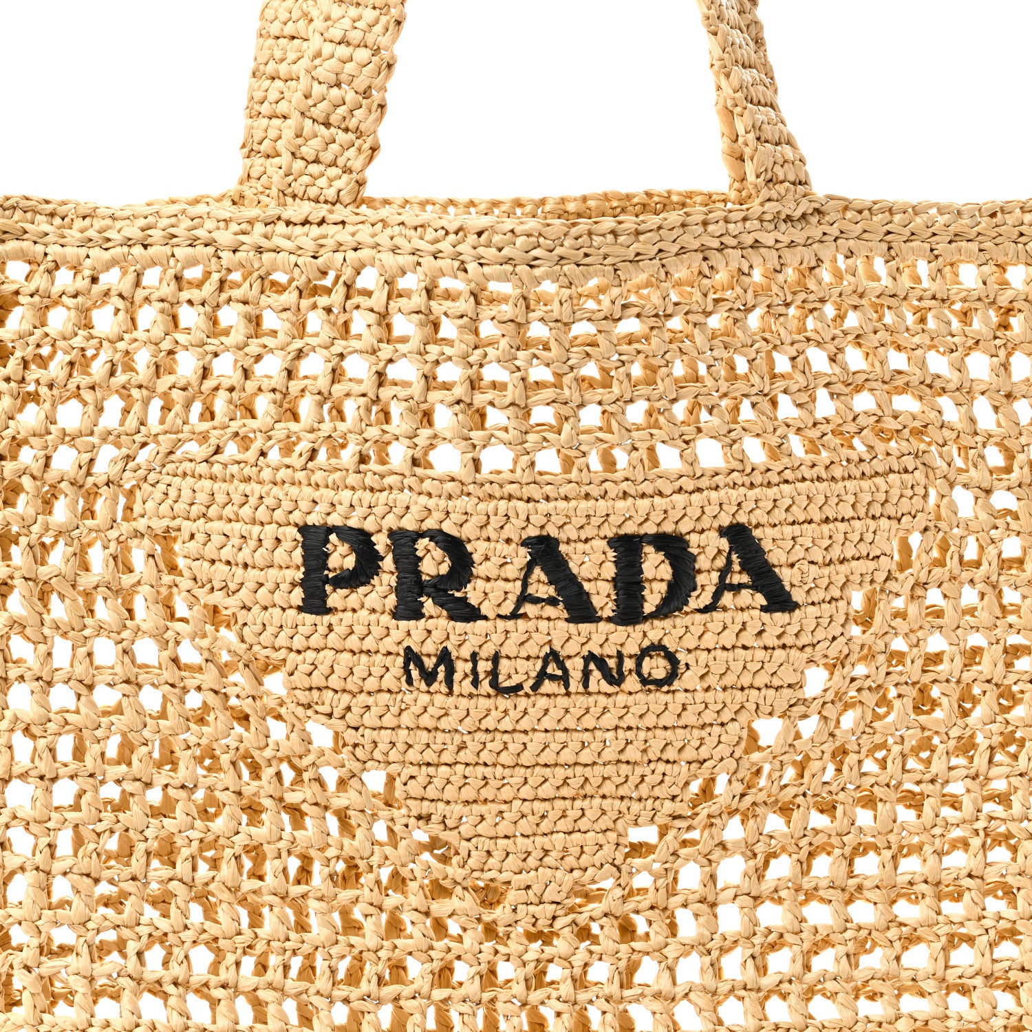 Prada Yarn Raffia Effect Crochet Logo Embroidered Tote Bag Naturale 7 of 9