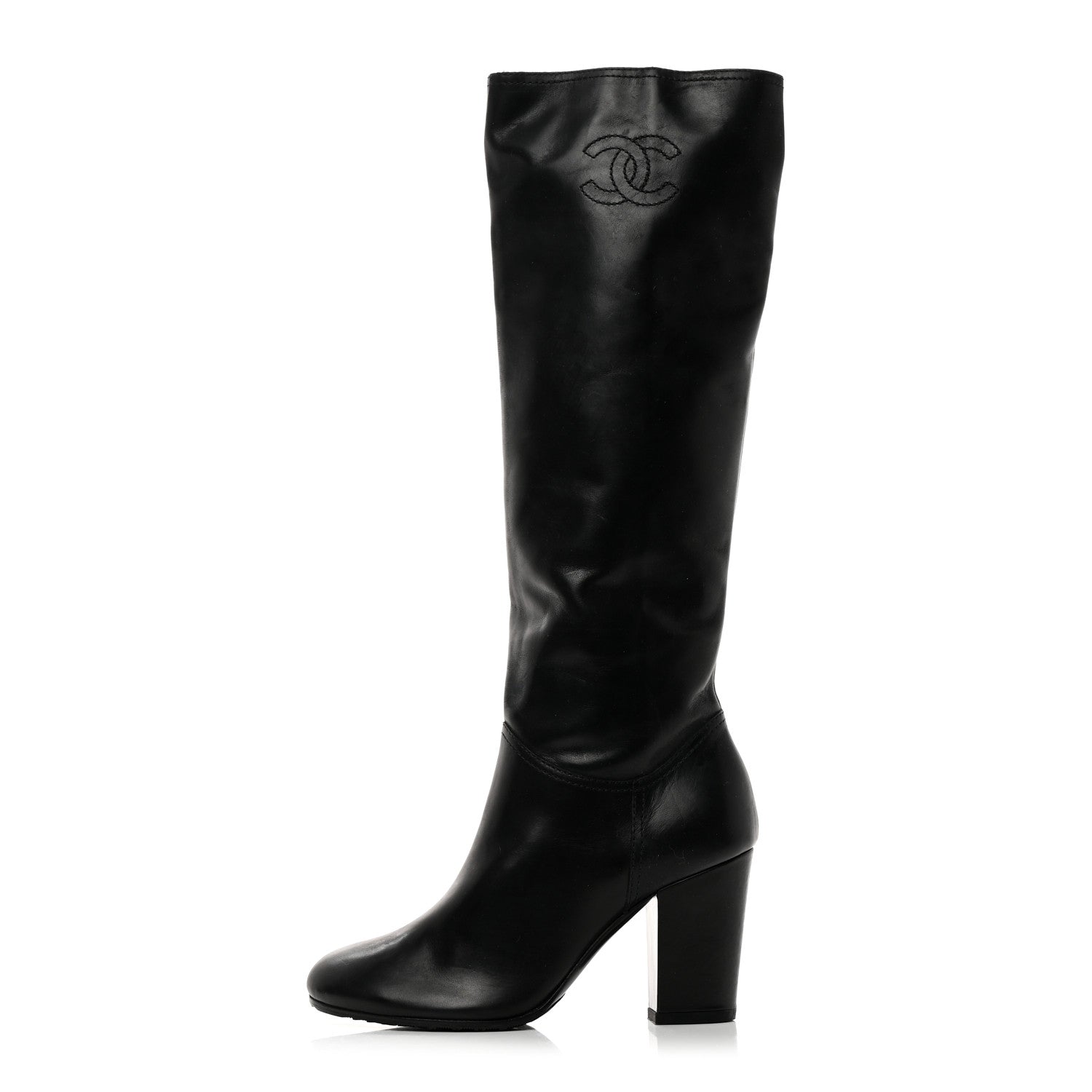 Chanel Calfskin Tall CC Boots 37.5 Black 1 of 11
