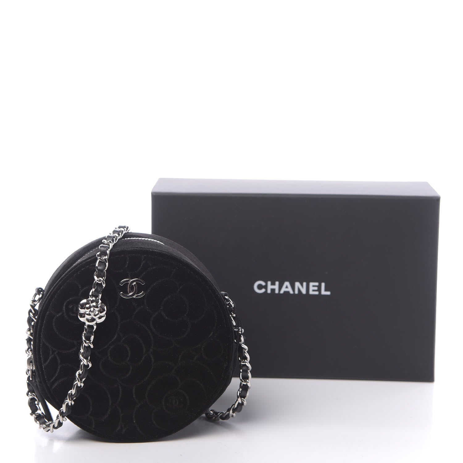 Chanel Velvet Camellia Round Clutch With Chain Black 11 of 11