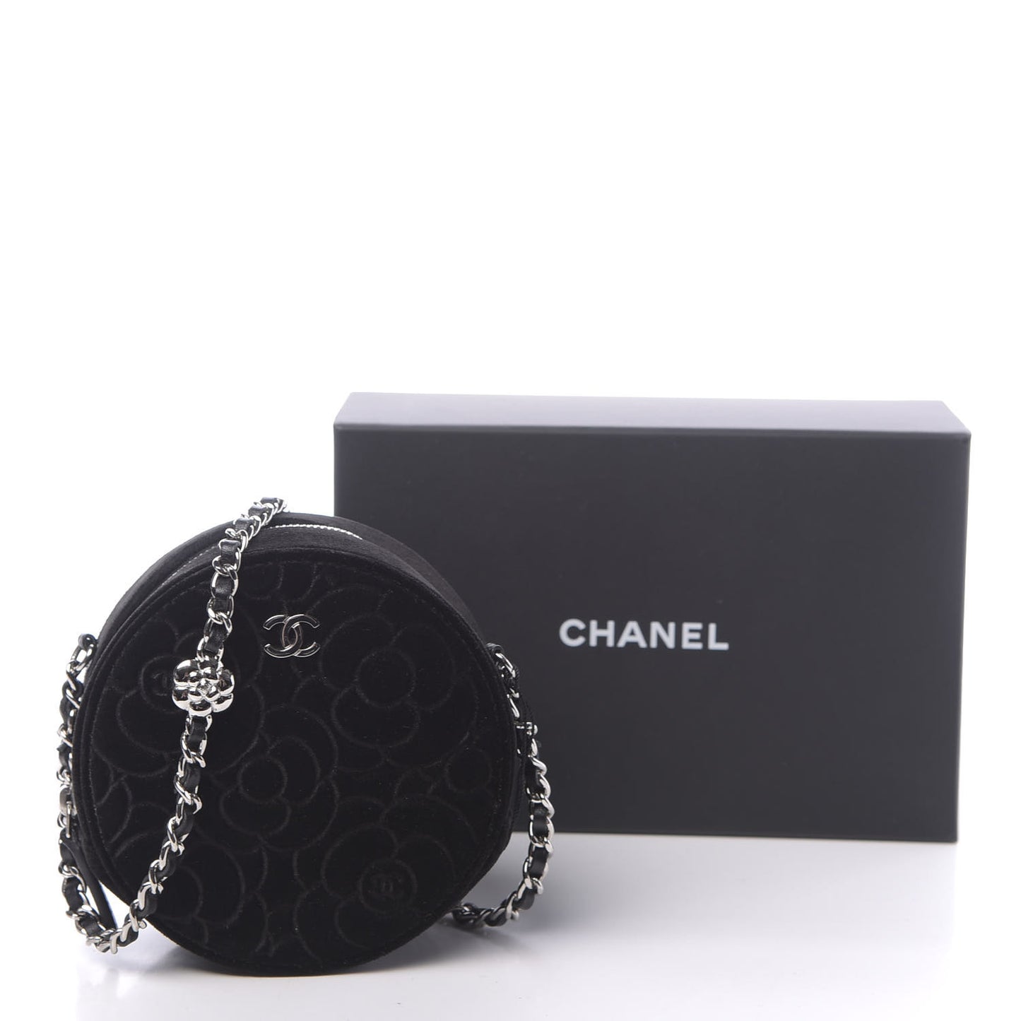 Velvet Camellia Round Clutch With Chain Black