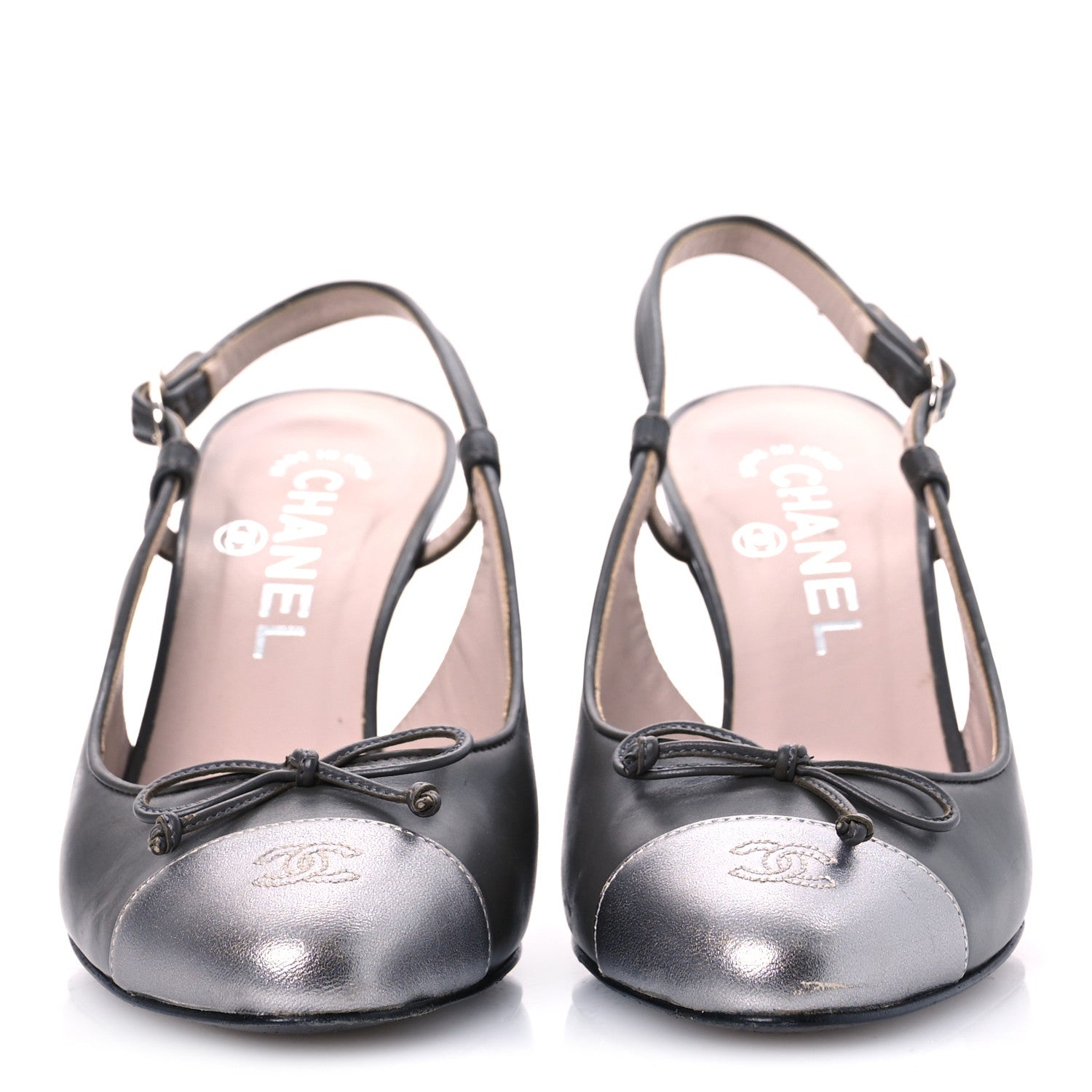 Chanel Metallic Lambskin Cap Toe CC Slingback Heels 36.5 Khaki Silver 3 of 15