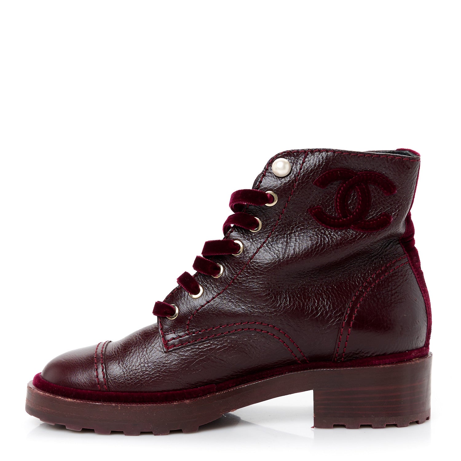 Chanel Shiny Calfskin Velvet Pearl Combat Short Boots 39 Burgundy 1 of 9