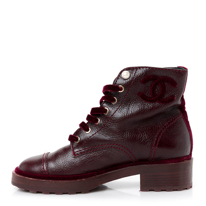 Chanel Shiny Calfskin Velvet Pearl Combat Short Boots 39 Burgundy 1 of 9