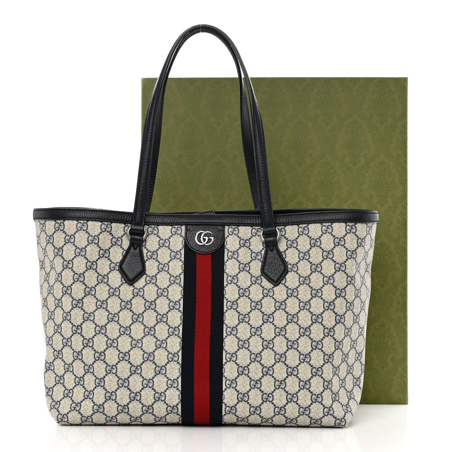 GG Supreme Monogram Textured Calfskin Web Medium Ophidia Shopping Tote Beige Blue