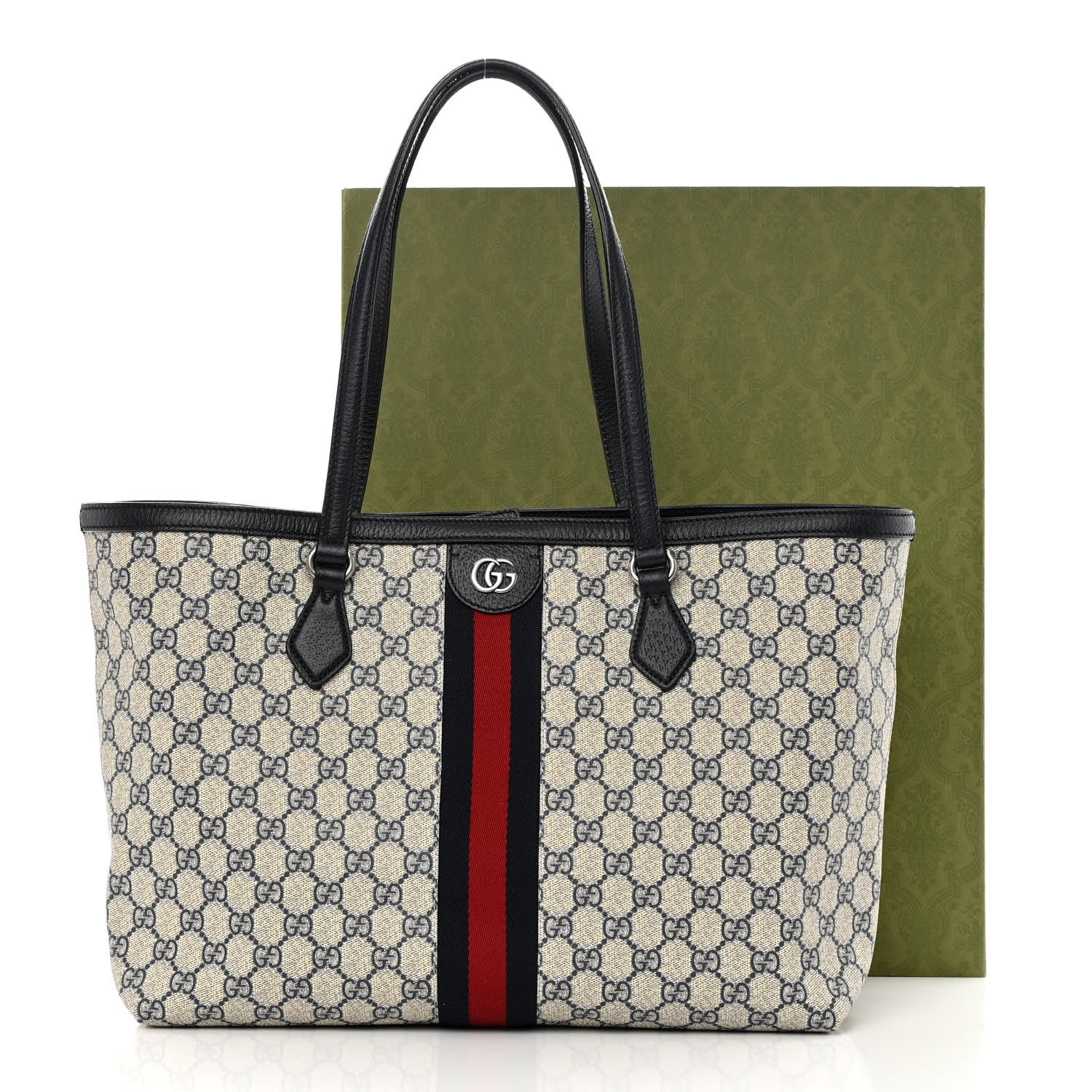 Gucci GG Supreme Monogram Textured Calfskin Web Medium Ophidia Shopping Tote Beige Blue 13 of 13