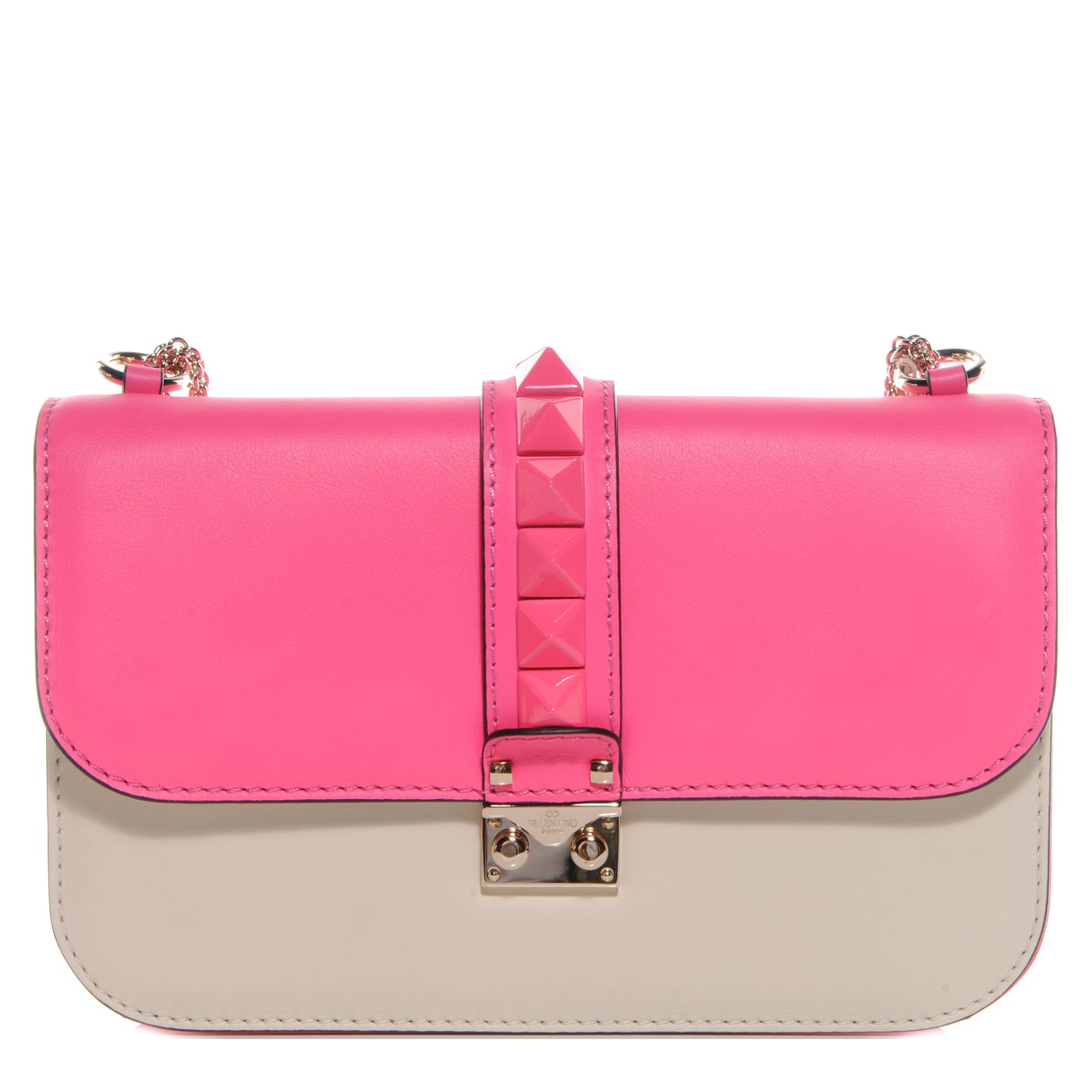 Vitello Bi-Color Large Glam Lock Rockstud Flap Fuxia Fluo Ivory