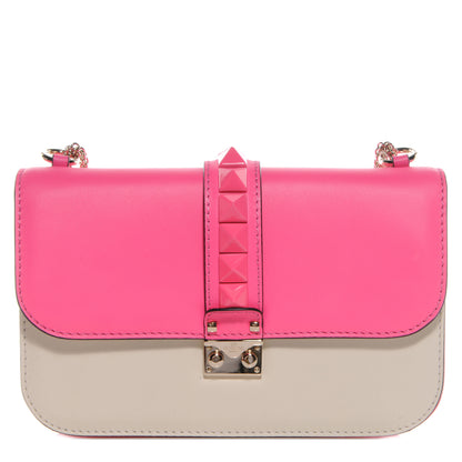 Valentino Garavani Vitello Bi-Color Large Glam Lock Rockstud Flap Fuxia Fluo Ivory 1 of 8