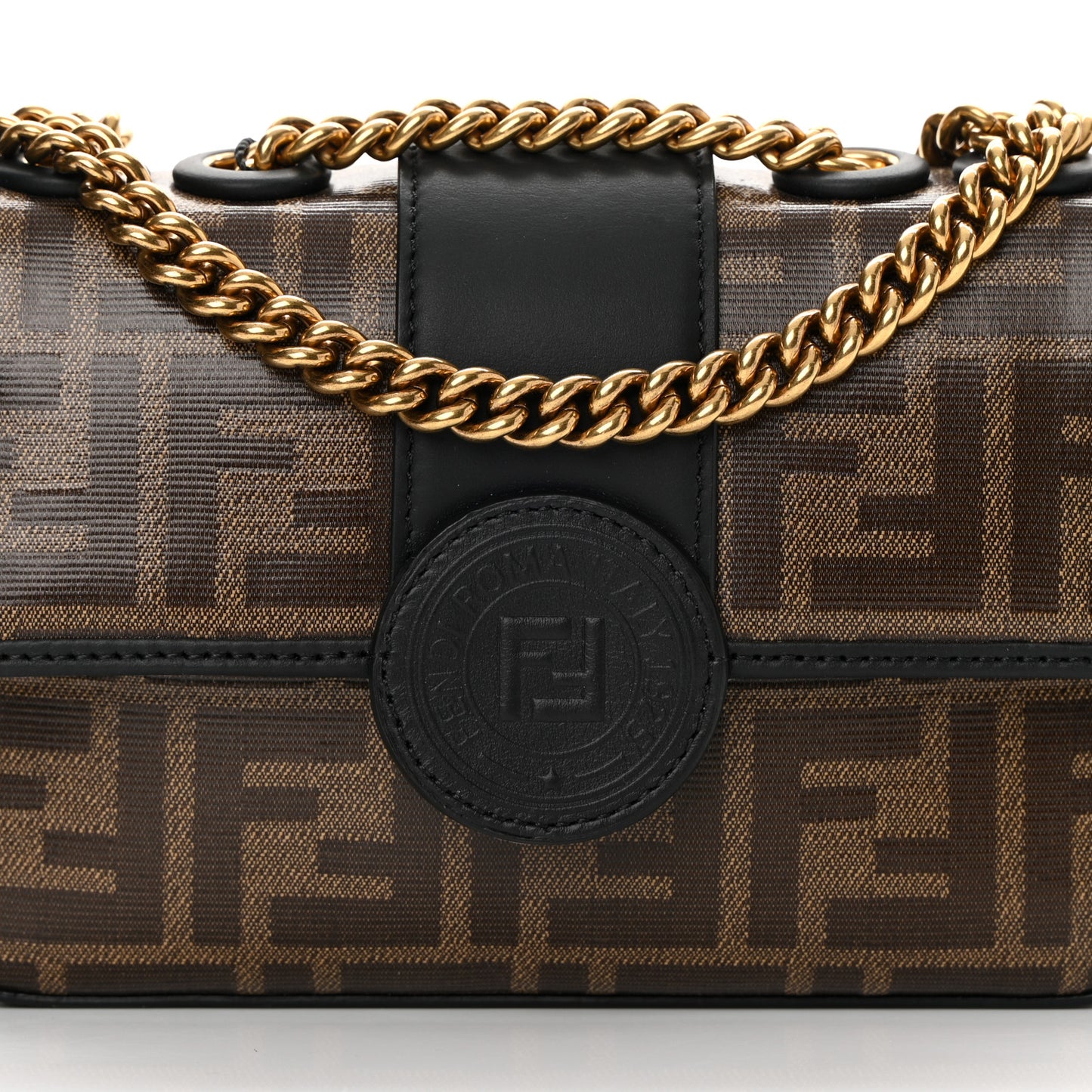 Glazed Fabric Vitello Century FF 1974 Stamp Patch Mini Double F Crossbody Bag Mogano Panna Black