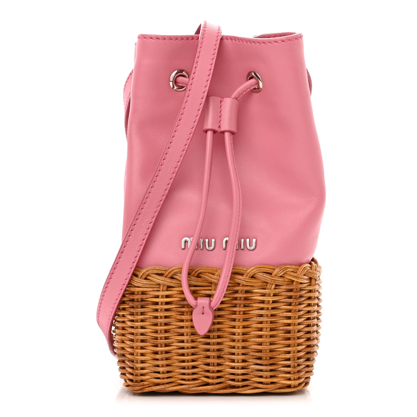 Grace Lux Calfskin Rattan Woven Bucket Drawstring Crossbody Bag Begonia Miel