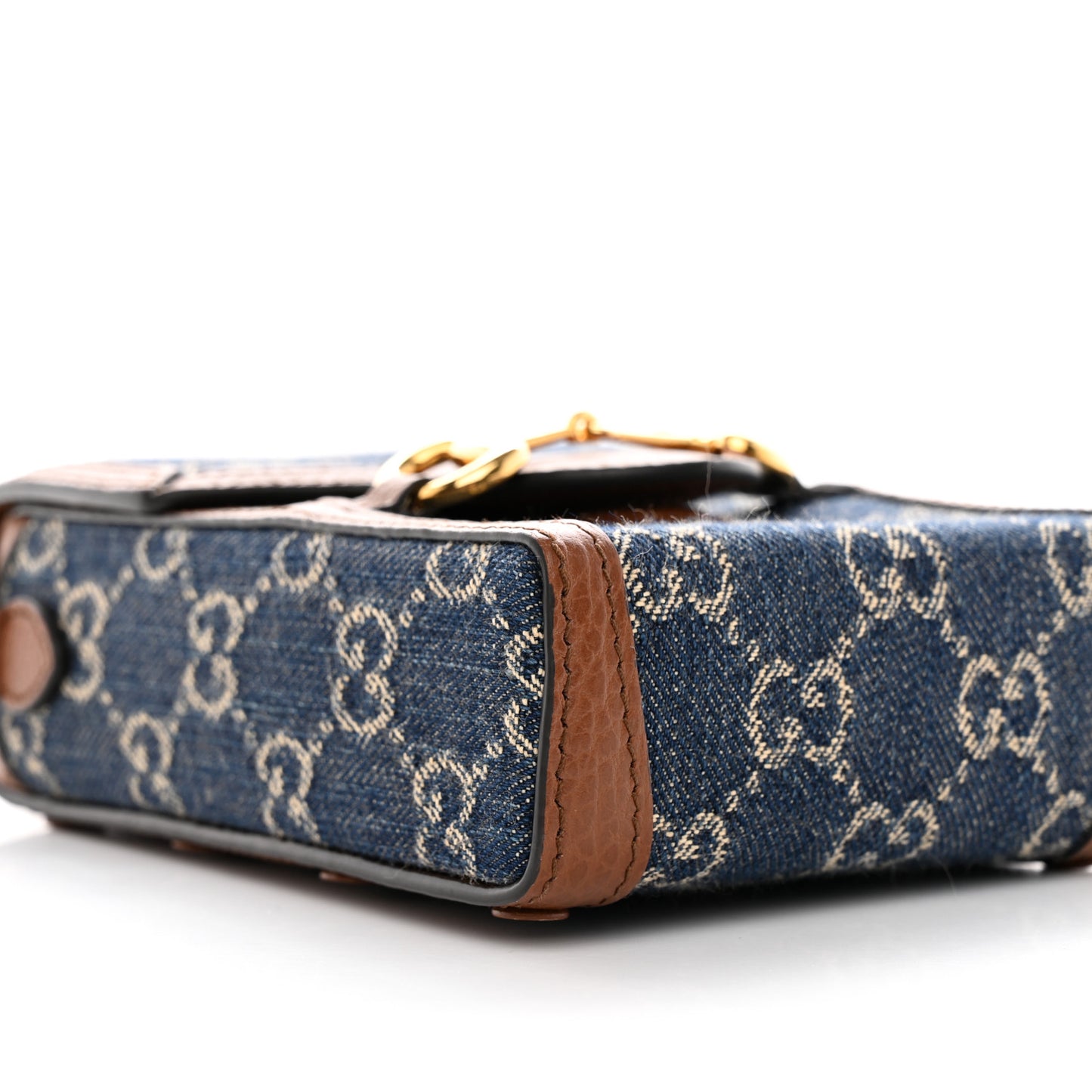 New Denim GG Monogram Dollar Calfskin Mini Horsebit 1955 Crossbody Bag Blue Tea Cuir Epilog