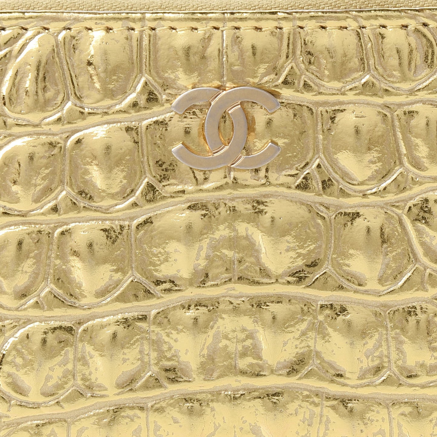 Metallic Calfskin Crocodile Embossed Cocodile Zip Coin Case Gold