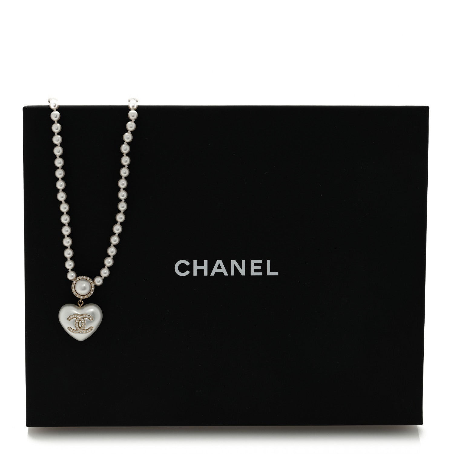 Chanel Pearl Crystal CC Heart Short Necklace Pearly White Gold 4 of 5