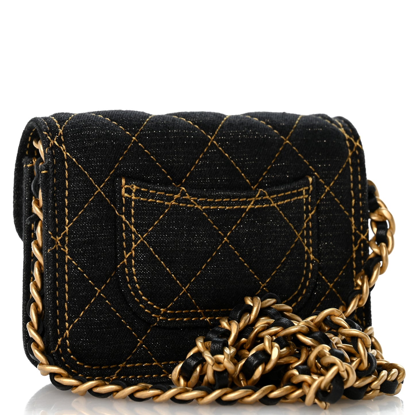 Denim Quilted Double You Mini Flap Black Golden