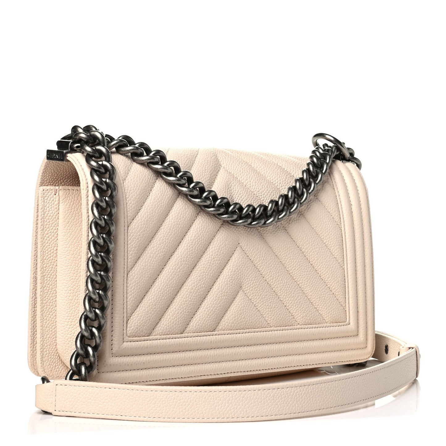 Caviar Chevron Quilted Medium Boy Flap Light Beige