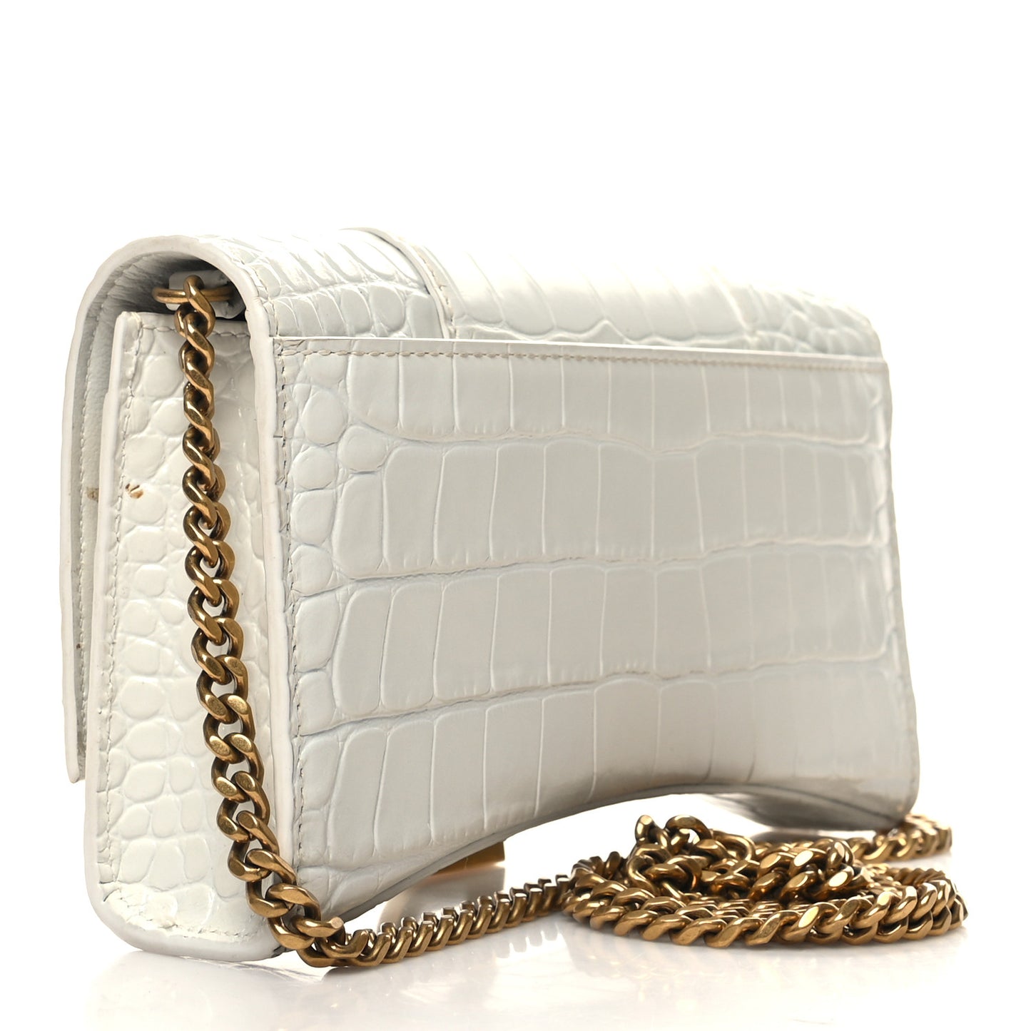 Shiny Calfskin Crocodile Embossed Hourglass Chain Bag White