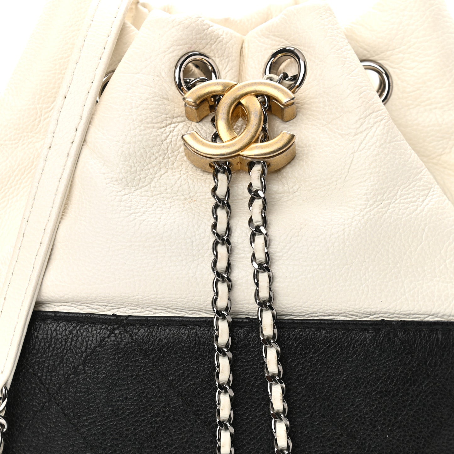 Aged Calfskin Quilted Small Gabrielle Bucket White Black