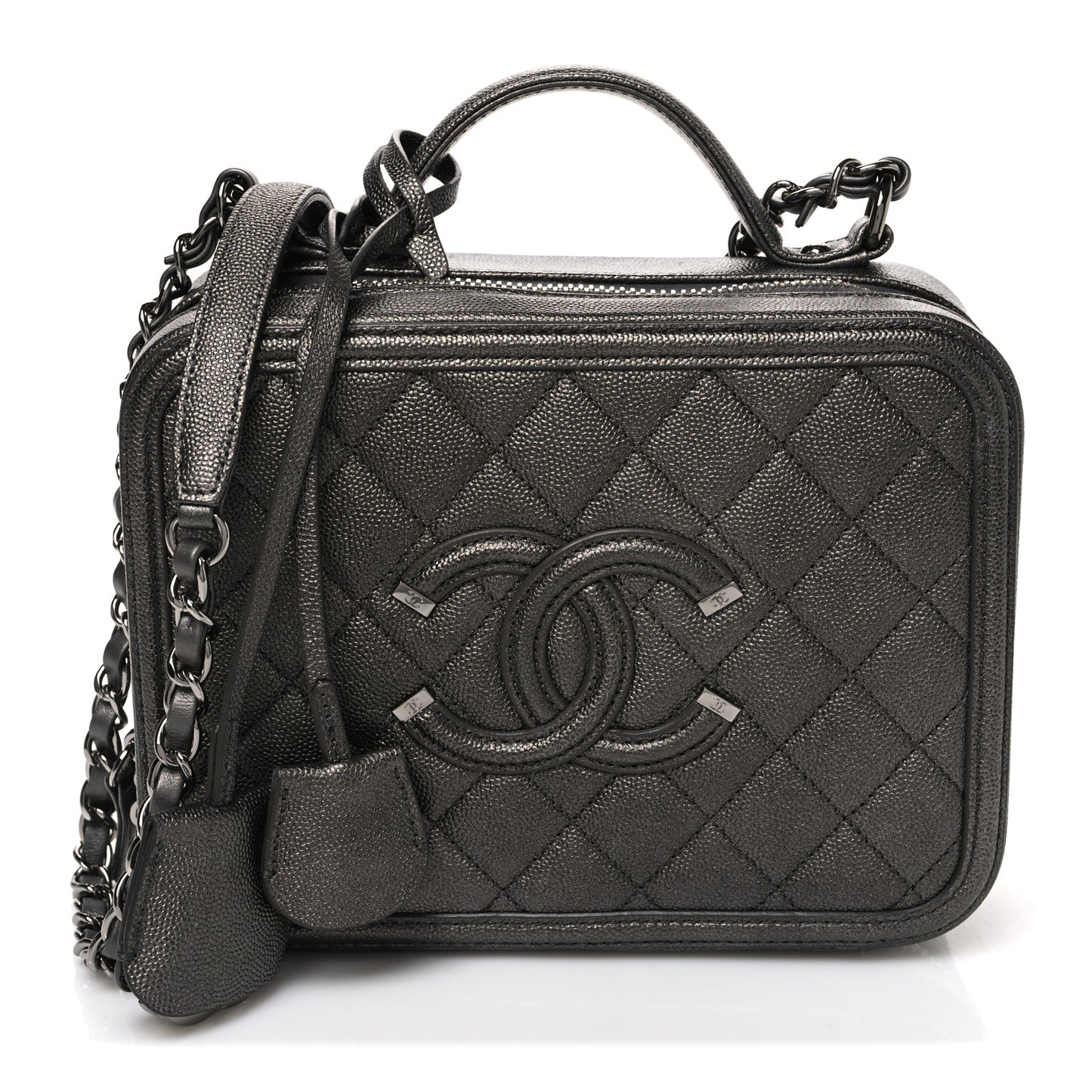 Metallic Caviar Quilted Medium CC Filigree Vanity Case Dark Silver