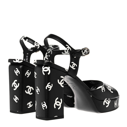 Chanel Printed Lambskin Coco Beach Platform Sandals 39 Black White 4 of 9