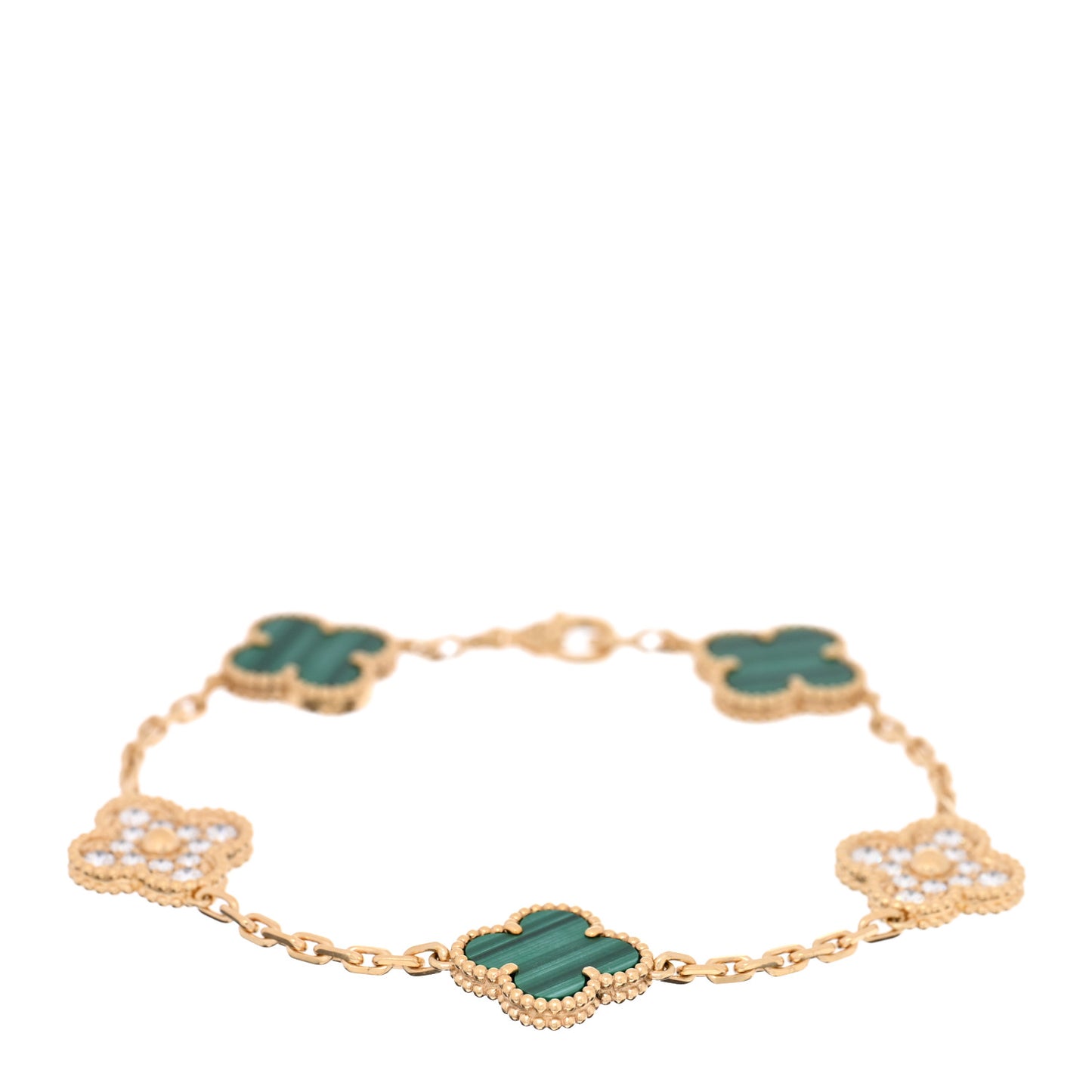 18K Yellow Gold Diamond Malachite 5 Motifs Vintage Alhambra Bracelet