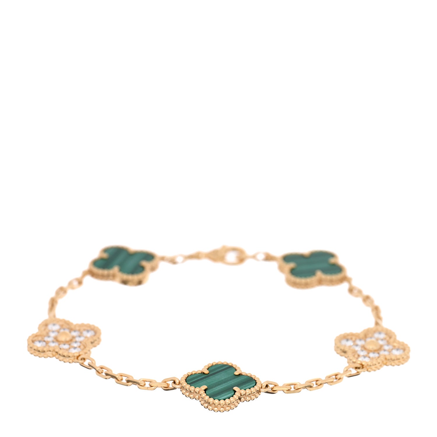 Van Cleef & Arpels 18K Yellow Gold Diamond Malachite 5 Motifs Vintage Alhambra Bracelet 1 of 3