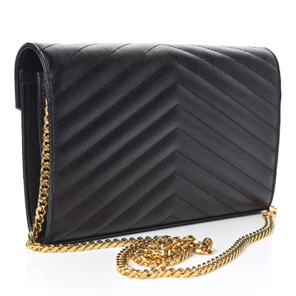 Saint Laurent Grain De Poudre Matelasse Chevron Monogram Chain Wallet Black 3 of 9
