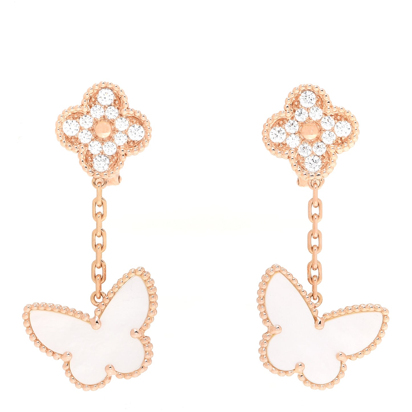 18K Rose Gold Diamond Mother of Pearl Lucky Alhambra 2 Motifs Butterfly Earrings